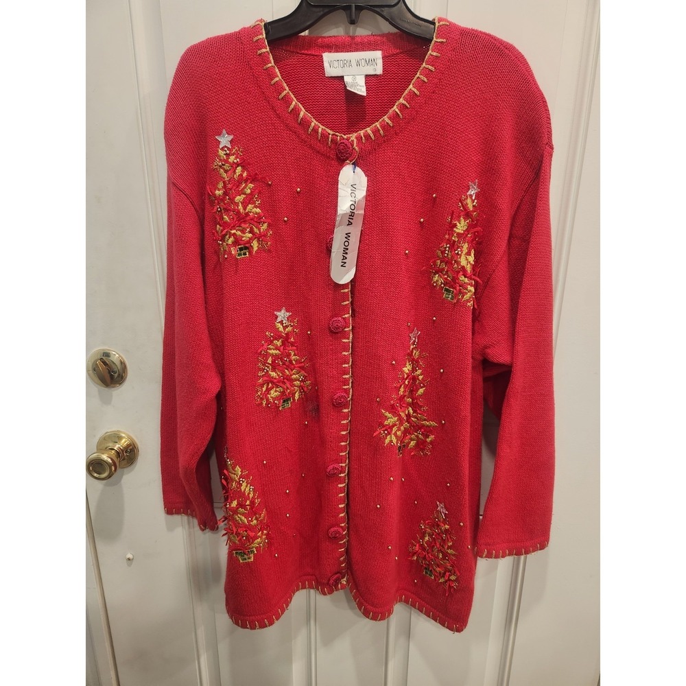 Victoria Woman Button Front Cardigan Sweater Sz. 2XL Red Holiday Ugly Christmas